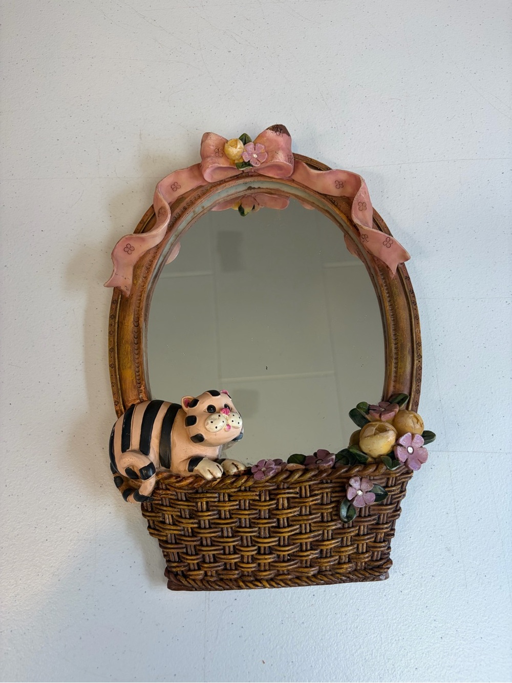 Vintage Whimsy Cat Lady Fat Cats Floral Cottagecore Hanging Wall Mirror 1990s